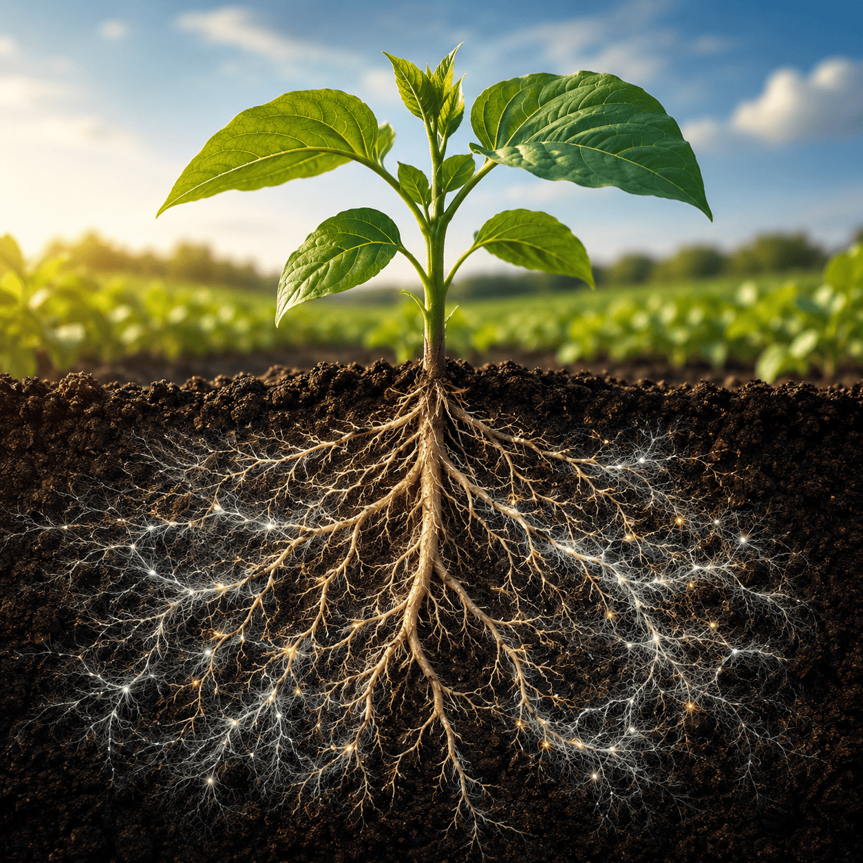 Raíces de cultivo desarrolladas con micorriza para mejorar la absorción de agua y nutrientes.